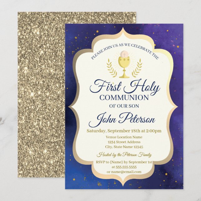 Guld Glitter,Stars,Chalice First Heliga Communion Inbjudningar (Fram/baksida)