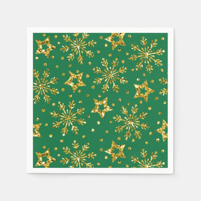 Guld Glitter Stars & Snöflingor Napkins Pappersservett (Framsidan)