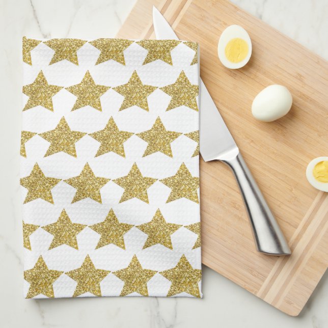 Guld Glitter Stars White Bath Kökshandduk (Vikt i Fjärdedel)