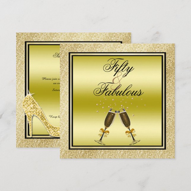 Guld Glitter Stiletto & Champagne Fabulous 50 Inbjudningar (Fram/baksida)