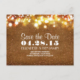 guld- glitter stränger av ljus sparar datera meddelande vykort