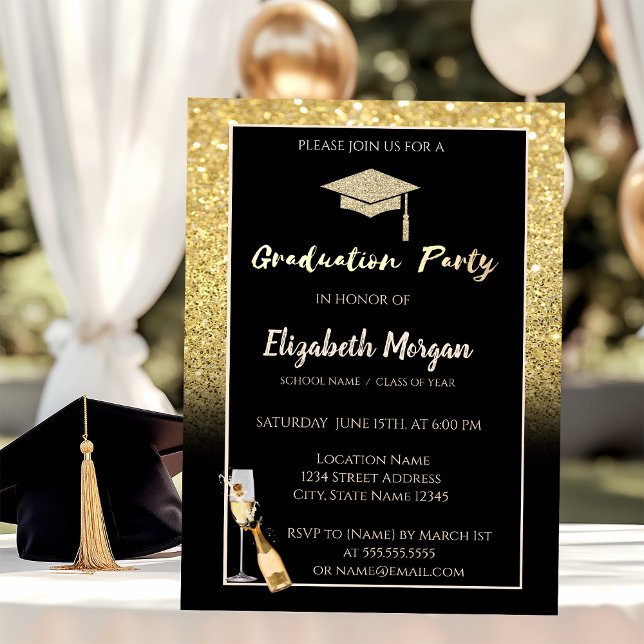 Guld Glitter Studentmössa,Konfetti,Vin,Glas Inbjudningar (Skapare uppladdad)