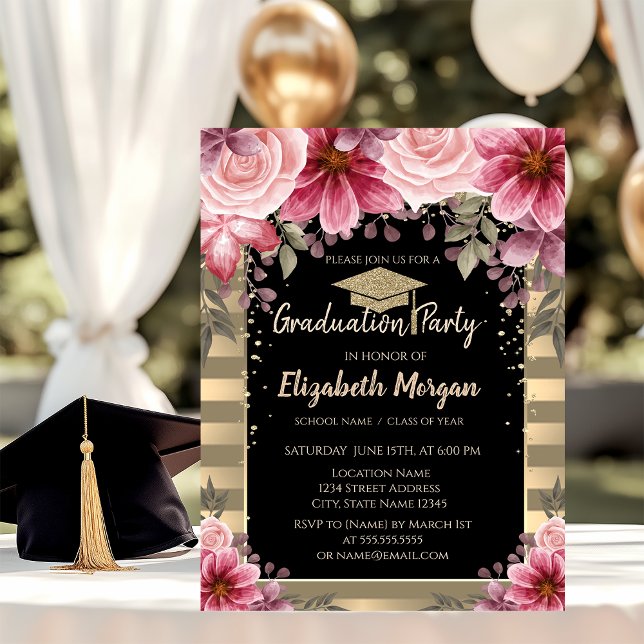 Guld Glitter Studentmössa,Rand Blommigt Inbjudningar (Skapare uppladdad)