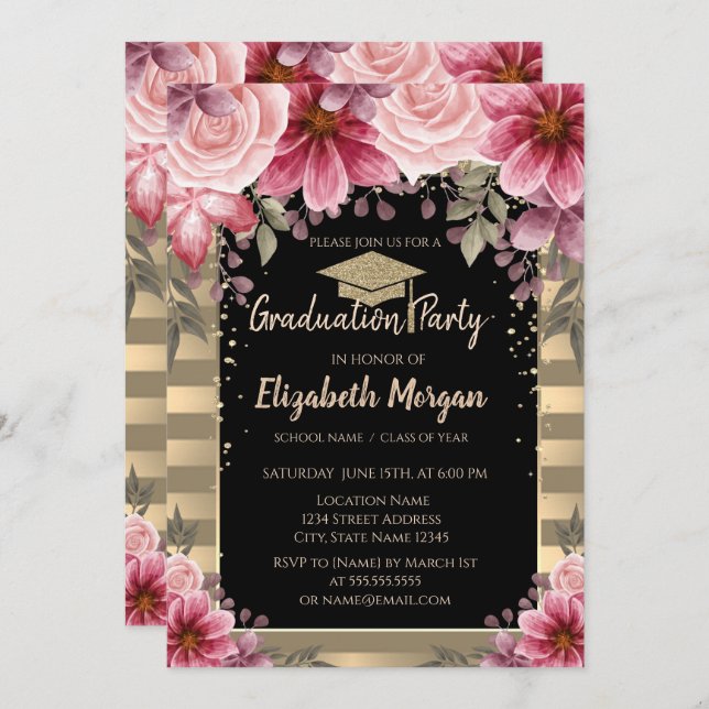 Guld Glitter Studentmössa,Rand Blommigt Inbjudningar (Fram/baksida)