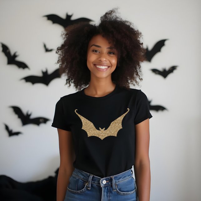 Guld Glitter, styliserad Fladdermus Halloween T Shirt (Gold Glitter Stylized Bat Halloween Tri-Blend Shirt)