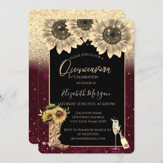 Guld Glitter Sunblommor,Burgundy Quinceanera Inbjudningar (Fram/baksida)