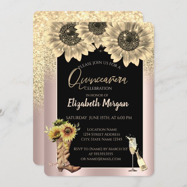 Guld Glitter Sunblommor, Ro Guld Quinceanera Inbjudningar (Fram/baksida)