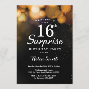 Guld Glitter Surprise 16:e födelsedagsinbjudan Inbjudningar