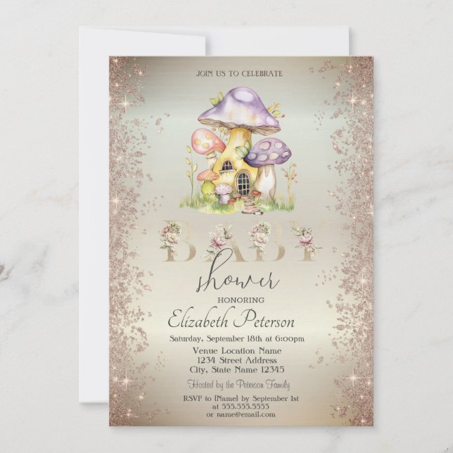 Guld Glitter Svamp Hus Baby Shower Inbjudningar (Framsida)
