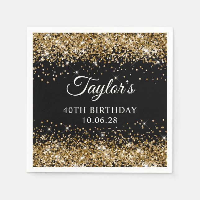 Guld Glitter Svart 40-årsdag Pappersservett (Framsidan)
