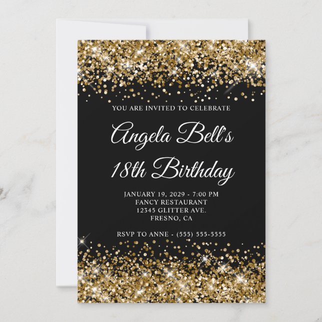 Guld Glitter Svart Elegant Monogram 18-årsfirande Inbjudningar (Framsida)