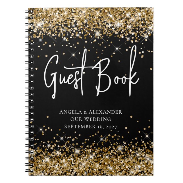 Guld Glitter Svart Glam Bröllop Gästbok Anteckningsbok (Framsidan)