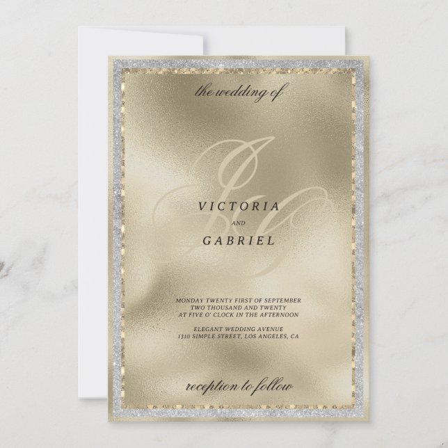 Guld glitter svart monogram initial bröllop  inbjudningar (Framsida)