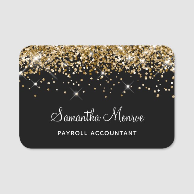 Guld Glitter Svart Namnbricka (Framsida)
