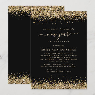 Guld Glitter, svart Nyårsafton, Party Inbjudningar