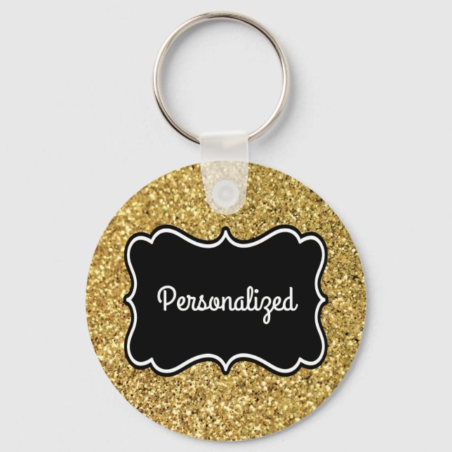 Guld Glitter Svarta och vita Personligen Ram Nyckelring (Framsida)