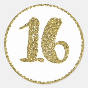 Guld Glitter Sweet 16 16-årsfest Runt Klistermärke