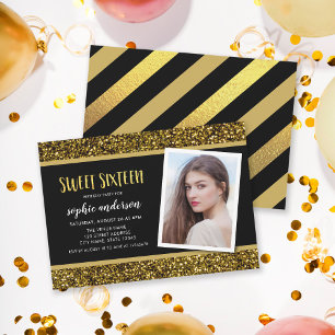Guld Glitter Sweet 16 Fotofödelsedagsinbjudan Inbjudningar