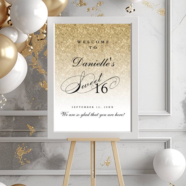 Guld Glitter Sweet 16 Personliger Välkommen Poster (Skapare uppladdad)