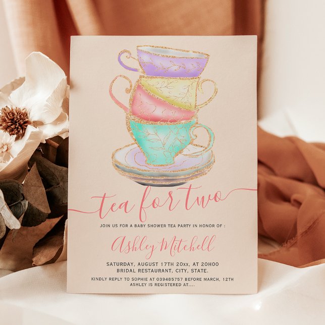 Guld glitter te kopp vattenfärgsdusch för chic för inbjudningar (Gold glitter tea cup watercolor chic baby shower invitation)
