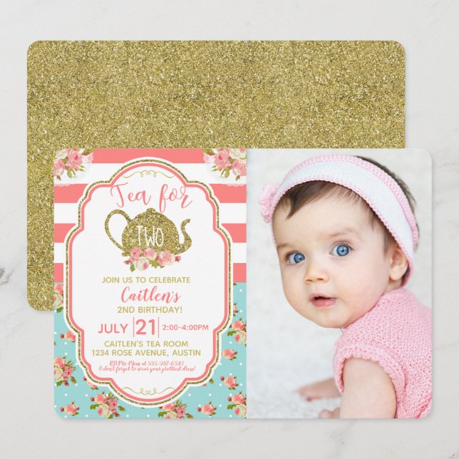 Guld Glitter-tea för två födelsedagsfoto Inbjudningar (Fram/baksida)