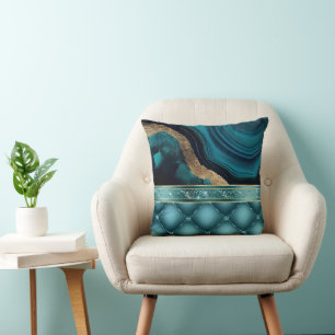 Guld Glitter Teal Agate Marble Diamonds Kudde