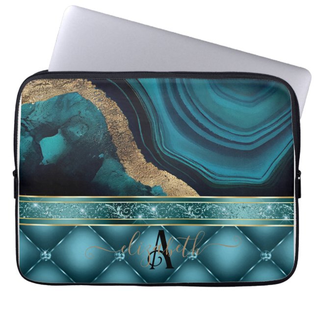 Guld Glitter Teal Agate Marble Diamonds Laptop Fodral (Framsidan)