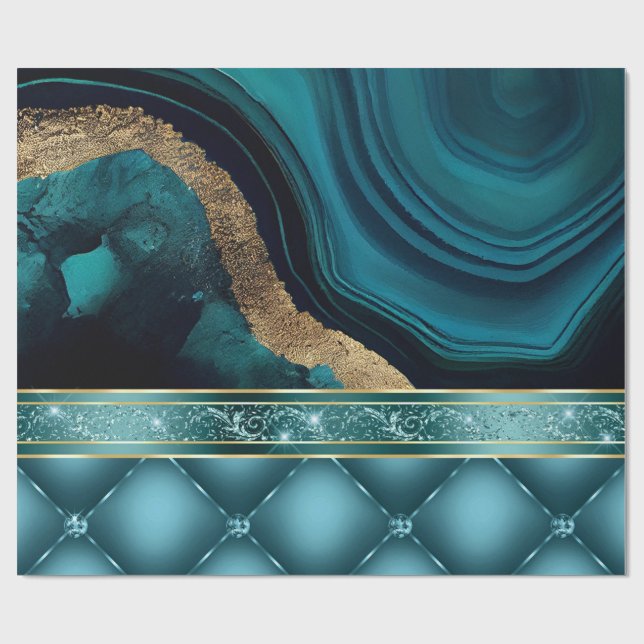 Guld Glitter Teal Agate Marble Diamonds Presentpapper (Platt)