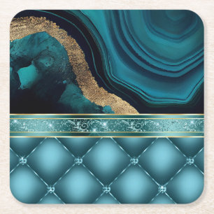 Guld Glitter Teal Agate Marble Diamonds Underlägg Papper Kvadrat