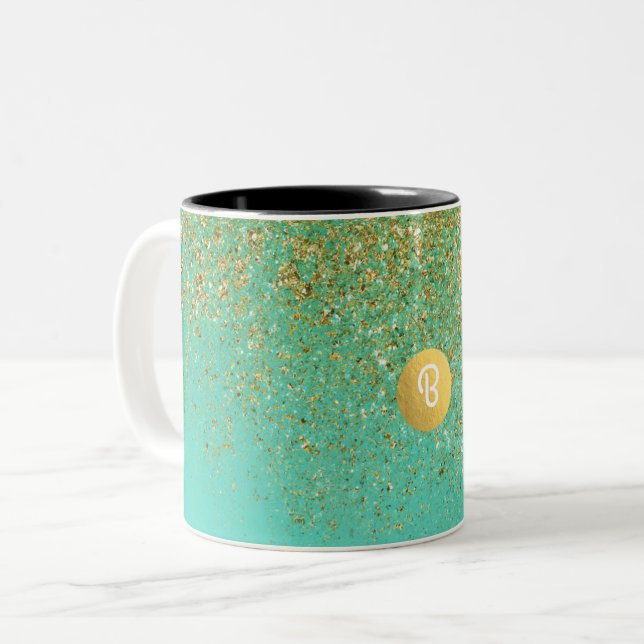 Guld Glitter & Teal Aqua Glam Anpassad Monogram Två-Tonad Mugg (Framsida vänster)