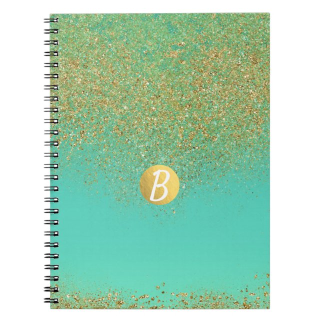 Guld Glitter & Teal Aqua Glam Glamor Monogram Anteckningsbok (Framsidan)