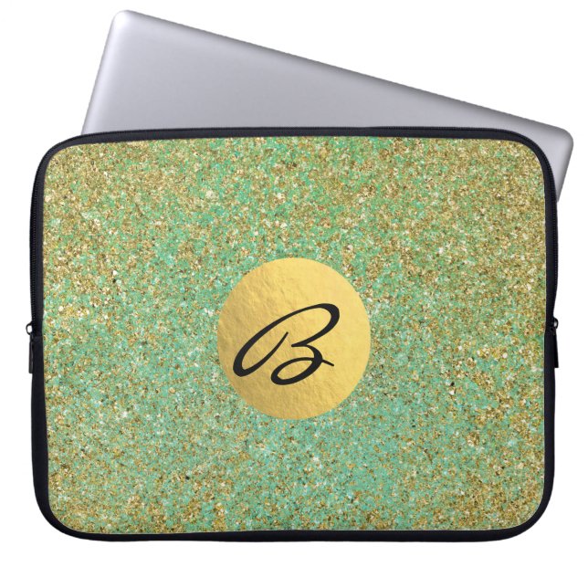 Guld Glitter Teal Aqua Grön Glam Trendig Laptop Fodral (Framsidan)