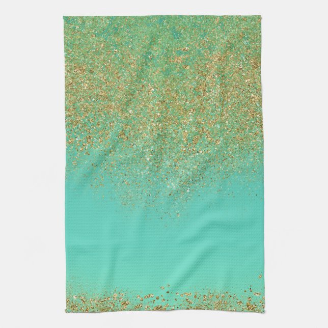 Guld Glitter & Teal Aqua Modern Flickaktig Trendig Kökshandduk (Vertikal)