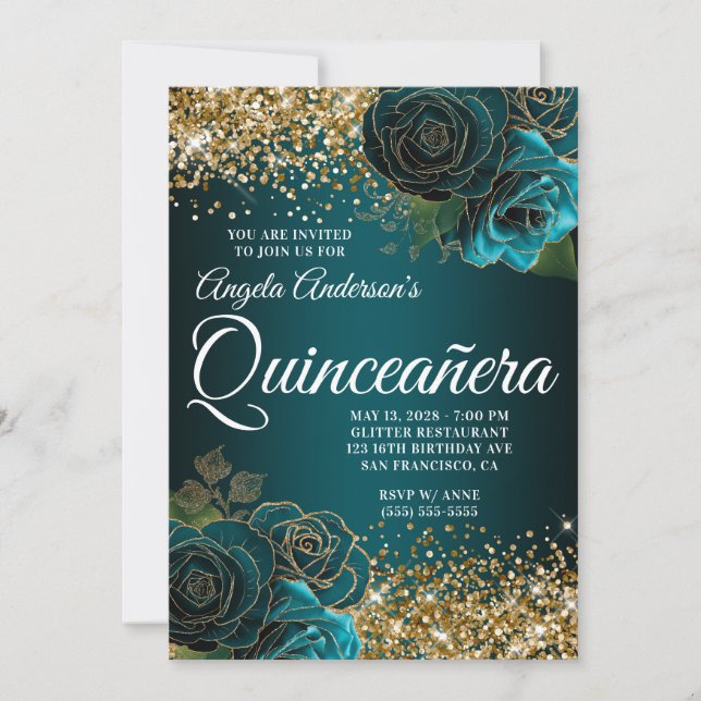 Guld Glitter Teal Blue Blommigt Glam Quinceañera Inbjudningar (Framsida)