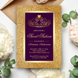 Guld Glitter Tiara Princess Lila Sweet sixteen Inbjudningar