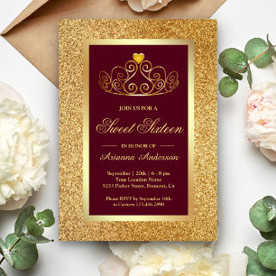 Guld Glitter Tiara Prinsessa Burgunder Sweet Sixte Inbjudningar
