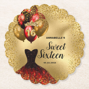 Guld Glitter Tiara Red Dress Sweet 16 Birthday Underlägg Papper