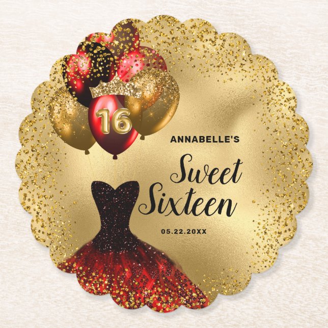 Guld Glitter Tiara Red Dress Sweet 16 Birthday Underlägg Papper (Framsida)