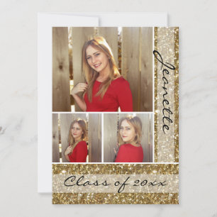 Guld Glitter-titta tre foto Studenten Inbjudningar