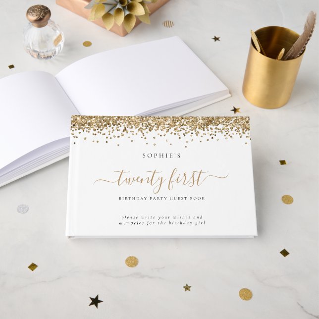 Guld Glitter tjugoförsta Födelsedagsfesten Gästböcker (Framsida öppen)