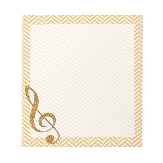 Guld Glitter Treble Clef on Gult Chevron Anteckningsblock (Framsida)