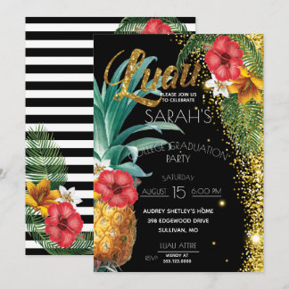 Guld Glitter Tropical Flowers Studentfest Inbjudningar