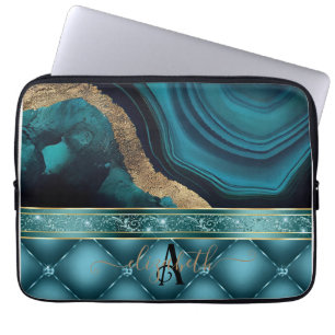 Guld Glitter Turkos Agat Marmor Diamanter Laptop Fodral