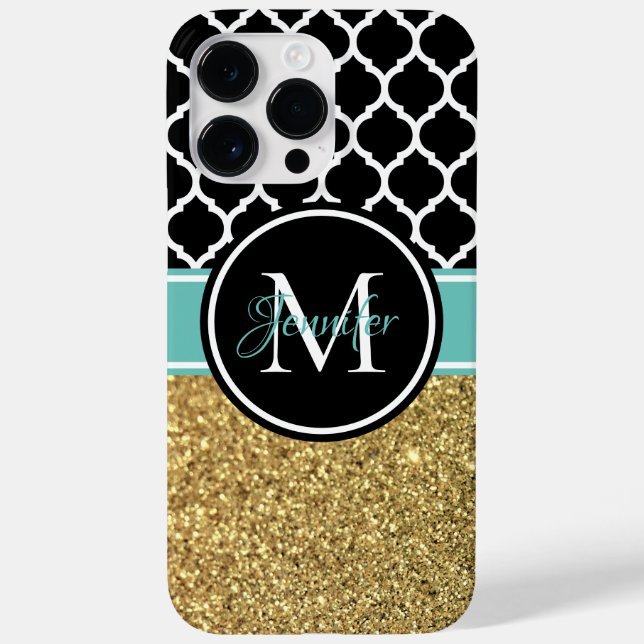 Guld Glitter Turkos Svart Vit Trellis Monogram (Baksida)