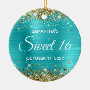 Guld Glitter Turquise Blue Foil Sweet 16 Julgransprydnad Keramik