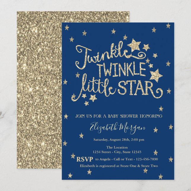 Guld Glitter Twinkle Little Star Baby Shower Inbjudningar (Fram/baksida)