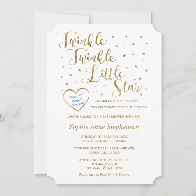 Guld Glitter Twinkle Twinkle Boy Shower Inbjudningar (Framsida)