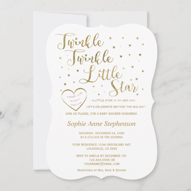 Guld Glitter Twinkle Twinkle Girl Baby Shower Inbjudningar (Framsida)