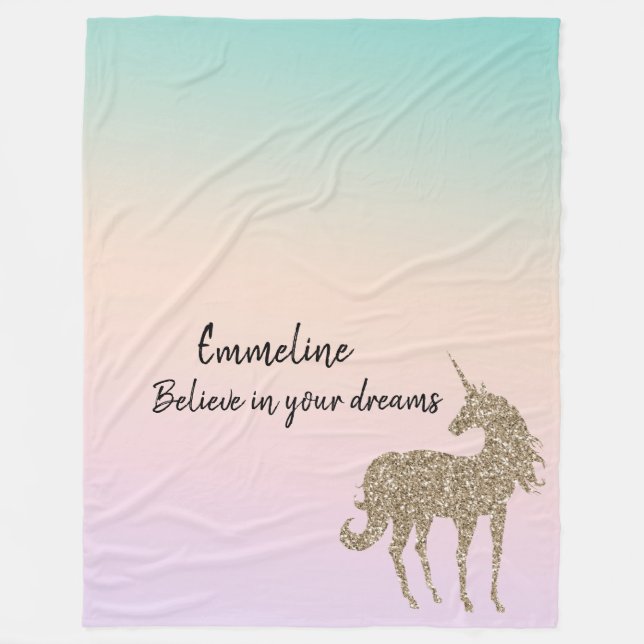 Guld Glitter Unicorn Aqua Peach Rosa Ombre Tie Dye Fleecefilt (Framsidan)