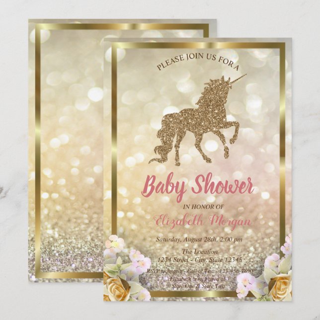 Guld Glitter Unicorn Blommigt Bokeh Baby Shower Inbjudningar (Fram/baksida)
